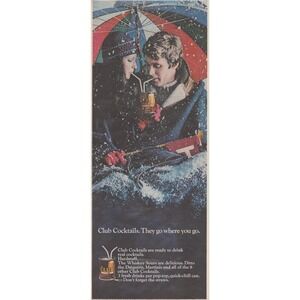 1971 Vintage Print Ad Club Whiskey Sour Cocktails Snow Couple Umbrella Drink MCM